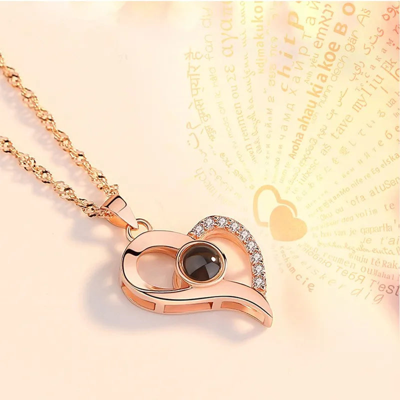 Lovely Heart Memory Jewelry 100 Language I Love You Projection Necklace Women Stainless Steel Chain Bridesmaid Gift 2022