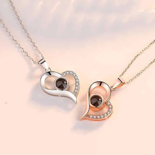 Lovely Heart Memory Jewelry 100 Language I Love You Projection Necklace Women Stainless Steel Chain Bridesmaid Gift 2022