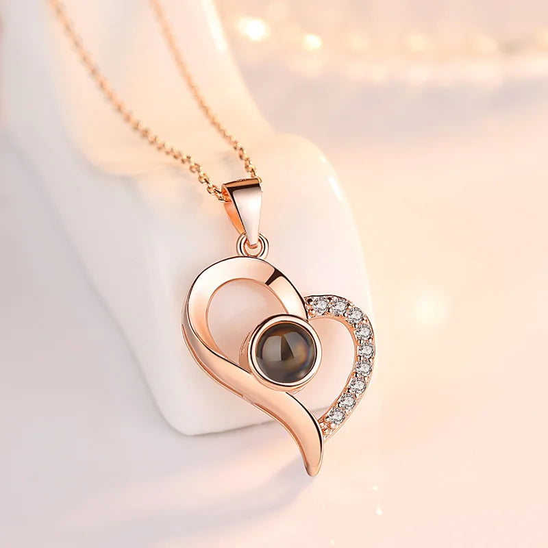 Lovely Heart Memory Jewelry 100 Language I Love You Projection Necklace Women Stainless Steel Chain Bridesmaid Gift 2022